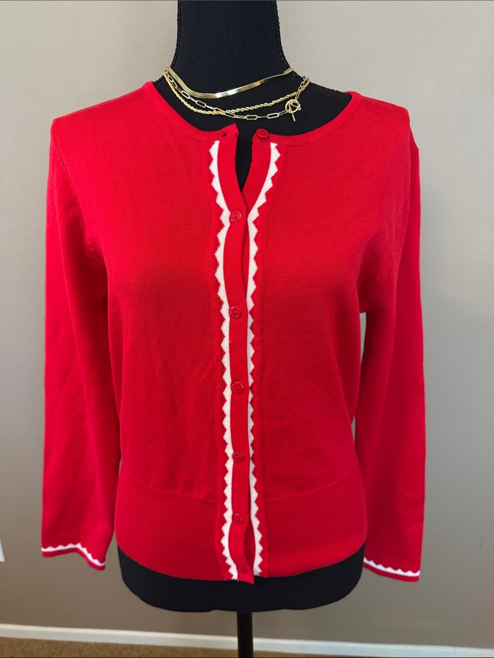 Belle Poque Red Button-Front Women's Cardigan with White Zigzag Trim NWT L